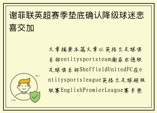 谢菲联英超赛季垫底确认降级球迷悲喜交加